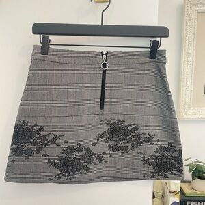 ZARA | Black White Check Plaid mini skirt embroidered floral design size small
